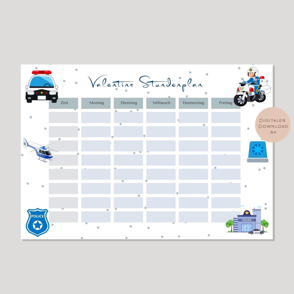 Stundenplan mit Name personalisiert Polizei Junge Geschenk Einschulung Schultüte Schulkind 2026 PDF in A4 zum Ausdrucken digital
