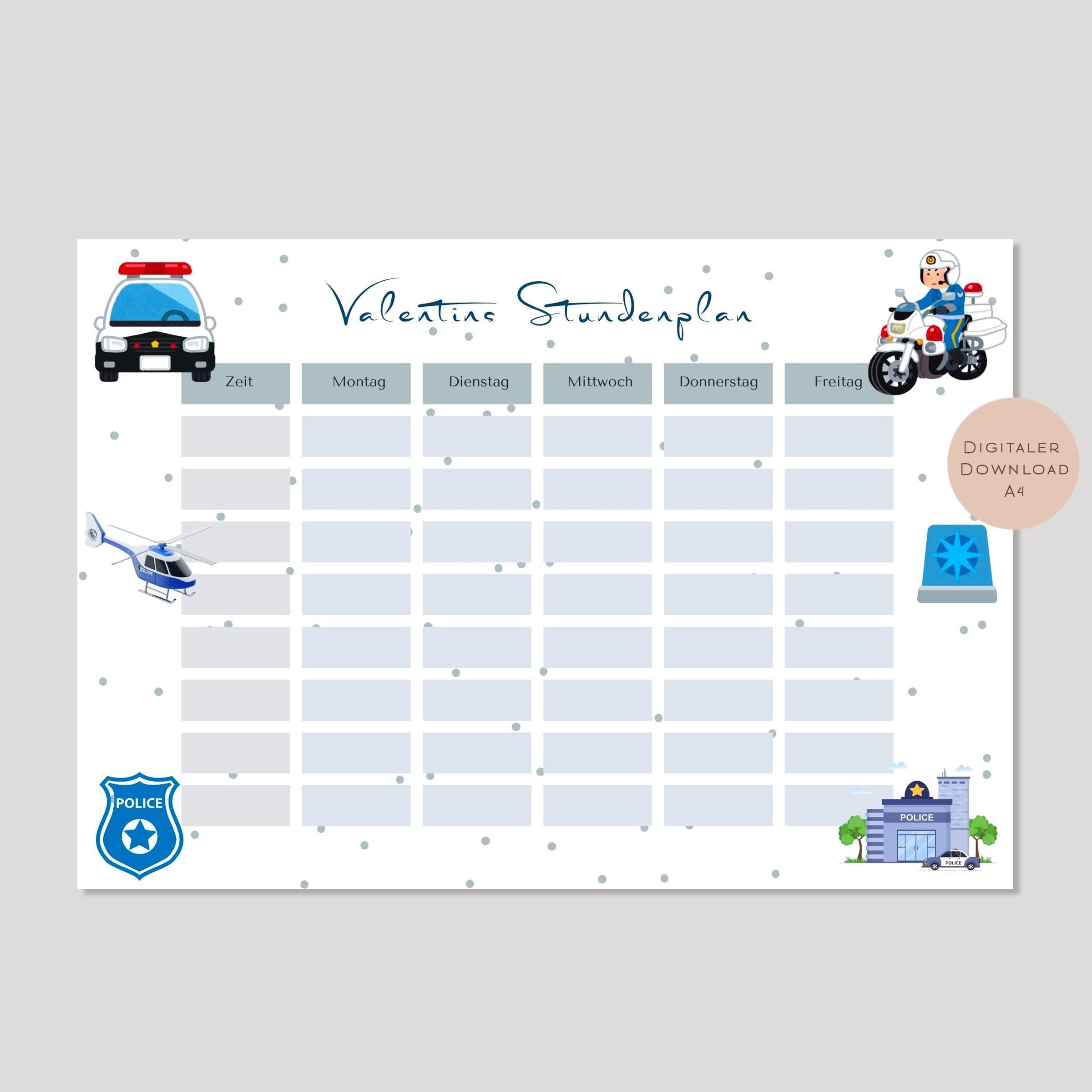 Stundenplan mit Name personalisiert Polizei Junge Geschenk Einschulung Schultüte Schulkind 2026 PDF in A4 zum Ausdrucken digital
