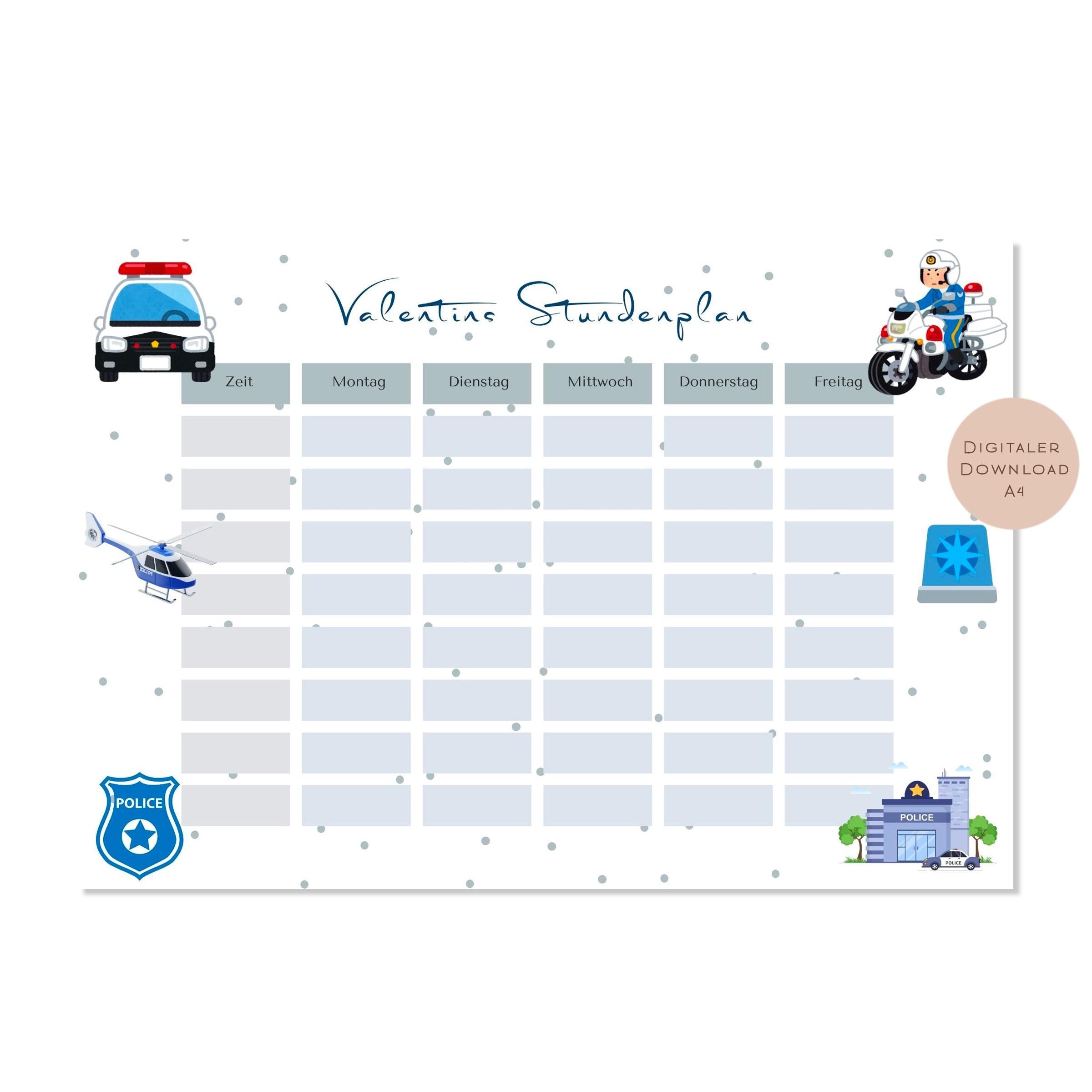 Stundenplan mit Name personalisiert Polizei Junge Geschenk Einschulung Schultüte Schulkind 2026 PDF in A4 zum Ausdrucken digital