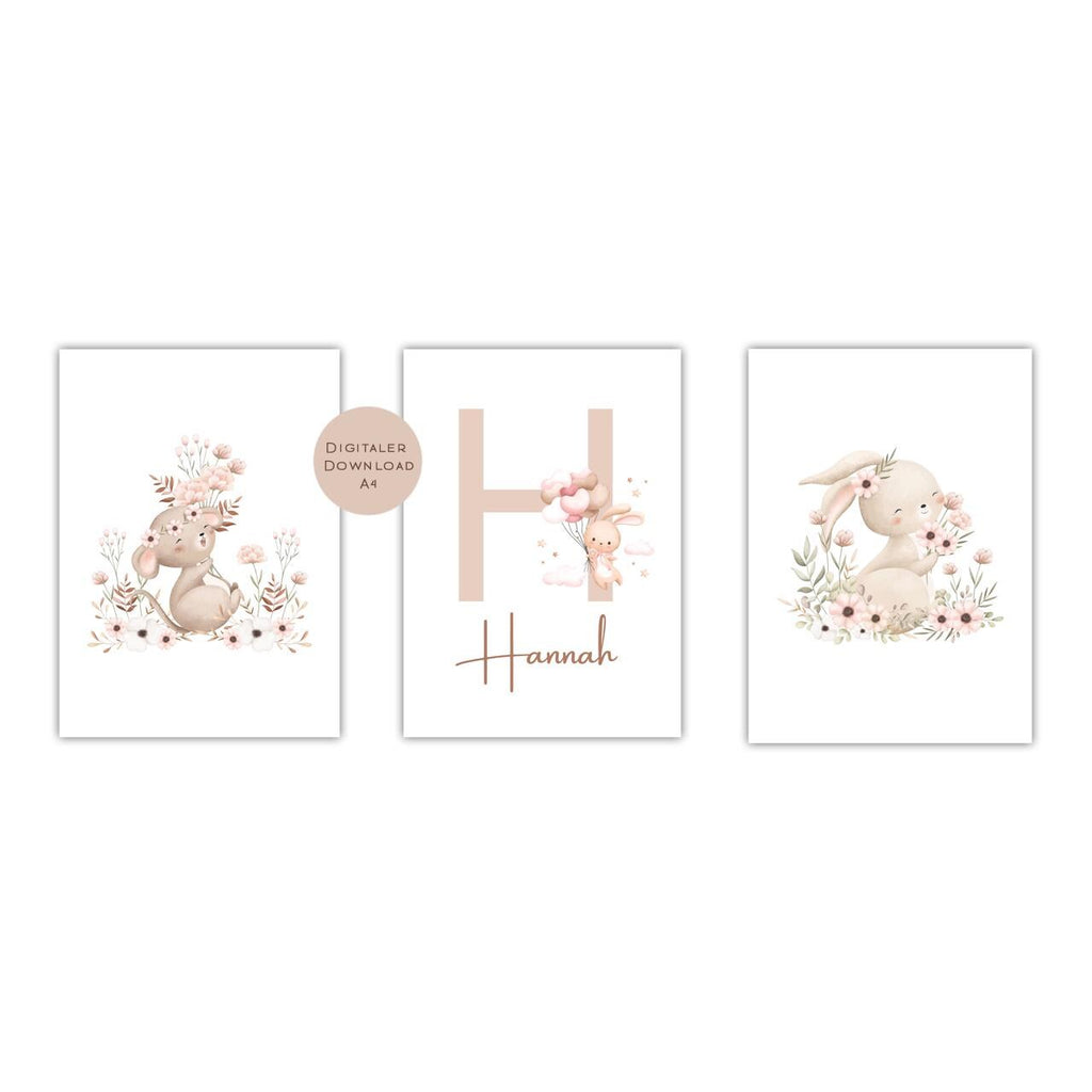 3er Set Poster Bild Hase Name personalisert Initial Geschenk Geburt Geburtstag Kinderzimmer Babyzimmer Hase PDF in A4 zum Ausdrucken digital