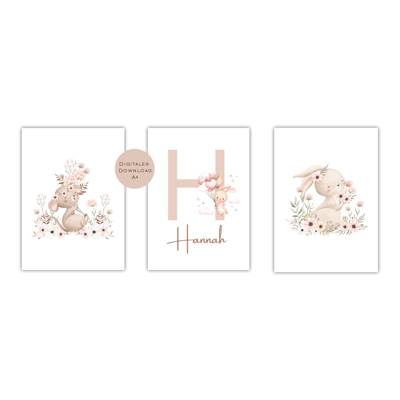 3er Set Poster Bild Hase Name personalisert Initial Geschenk Geburt Geburtstag Kinderzimmer Babyzimmer Hase PDF in A4 zum Ausdrucken digital