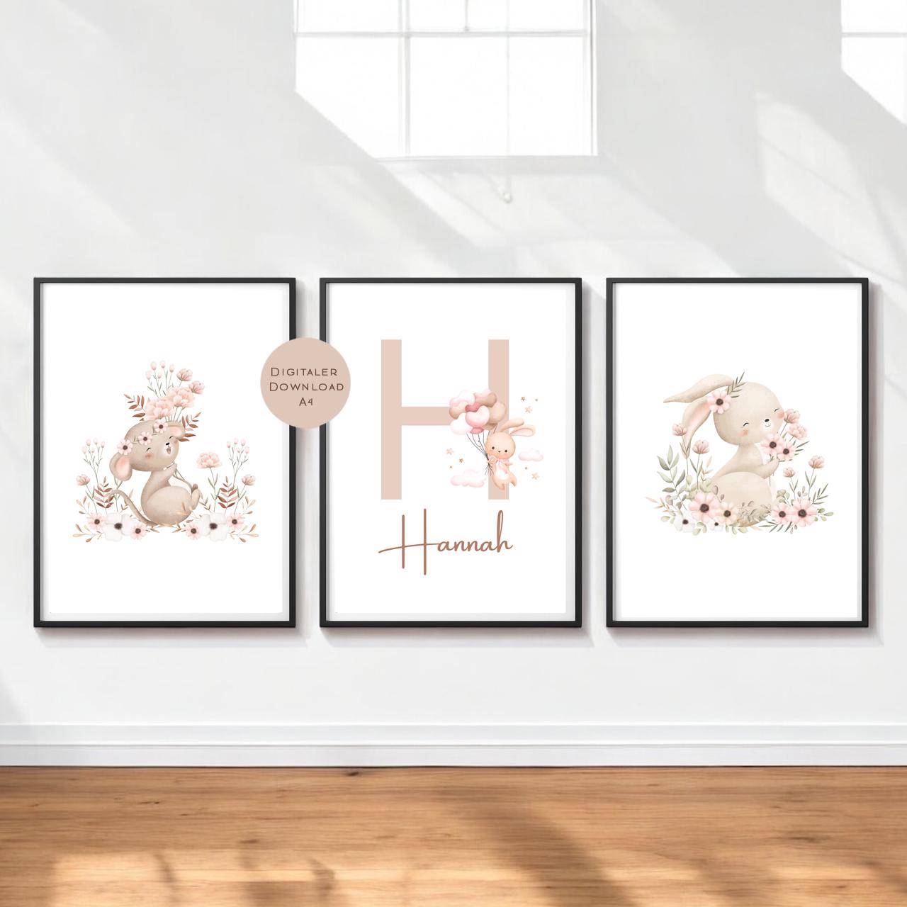 3er Set Poster Bild Hase Name personalisert Initial Geschenk Geburt Geburtstag Kinderzimmer Babyzimmer Hase PDF in A4 zum Ausdrucken digital
