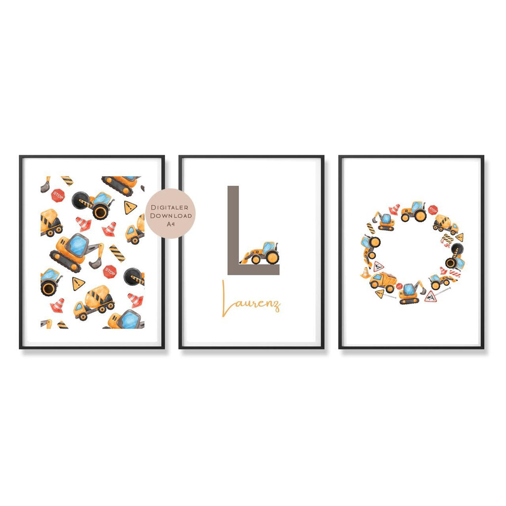3er Set Poster Bild Bagger Traktor Baustelle Name personalisert Initial Geschenk Geburt Geburtstag Kinderzimmer PDF A4 zum Ausdrucken digita