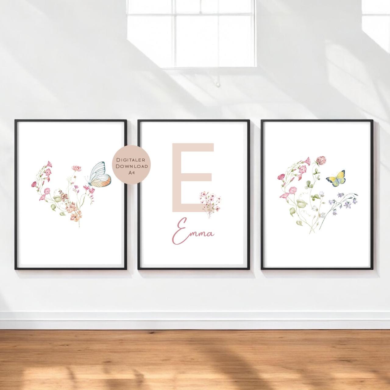 3er Set Poster Bild Schmetterling Wildblumen Name personalisert Geschenk Geburt Geburtstag Kinderzimmer PDF A4 zum Ausdrucken digital