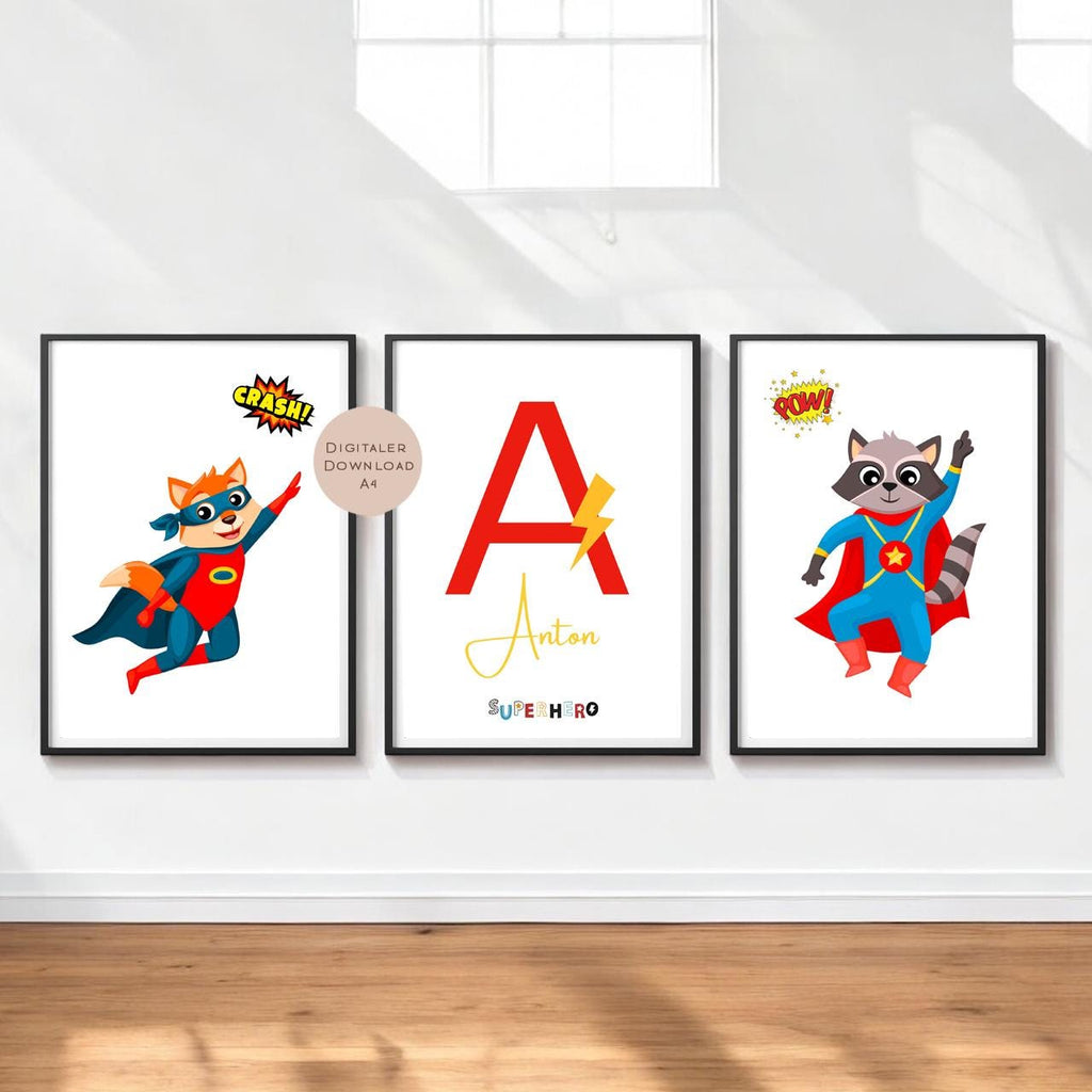 3er Set Poster Bild Superheld Junge Held Name personalisert Initial Geschenk Geburt Geburtstag Kinderzimmer PDF A4 zum Ausdrucken digital