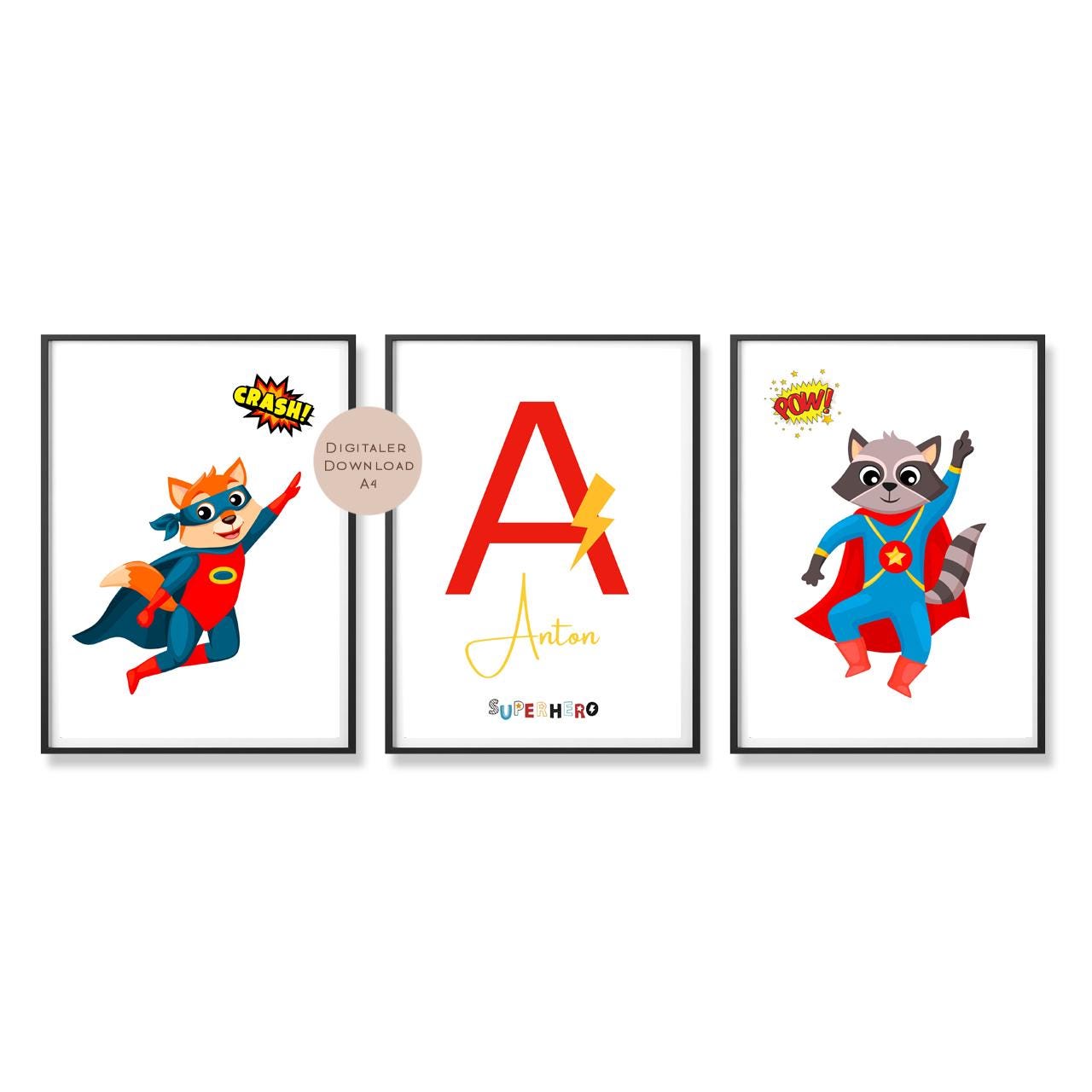 3er Set Poster Bild Superheld Junge Held Name personalisert Initial Geschenk Geburt Geburtstag Kinderzimmer PDF A4 zum Ausdrucken digital