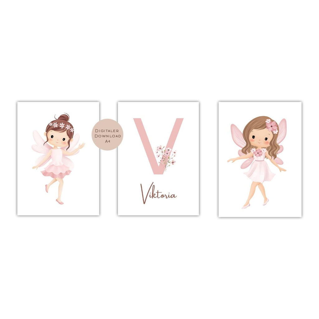 3er Set Poster Bild Fee Fairy Mädchen rosa Name personalisert Initial Geschenk Geburt Geburtstag Kinderzimmer PDF A4 zum Ausdrucken digital