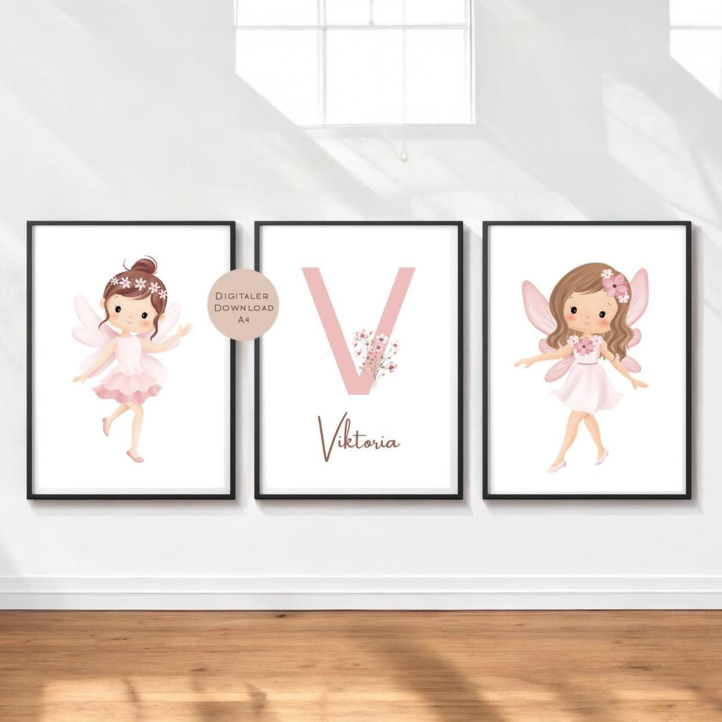 3er Set Poster Bild Fee Fairy Mädchen rosa Name personalisert Initial Geschenk Geburt Geburtstag Kinderzimmer PDF A4 zum Ausdrucken digital