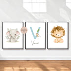 3er Set Poster Bild Tiere Elefant Löwe Giraffe Name personalisert Geschenk Geburt Geburtstag Kinderzimmer PDF A4 zum Ausdrucken digital