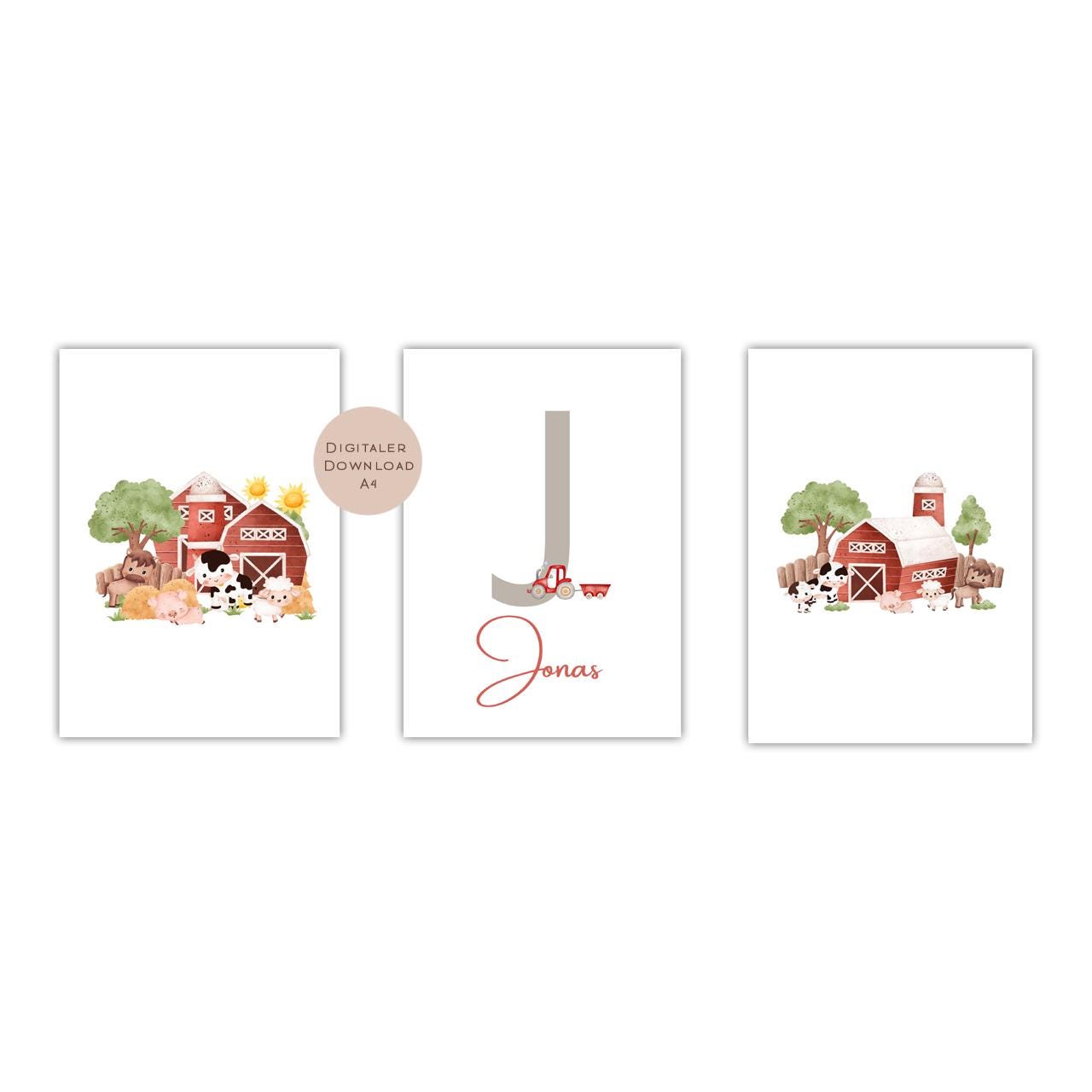 3er Set Poster Bild Tiere Bauernhof Traktor Name personalisert Geschenk Geburt Geburtstag Kinderzimmer PDF A4 zum Ausdrucken digital