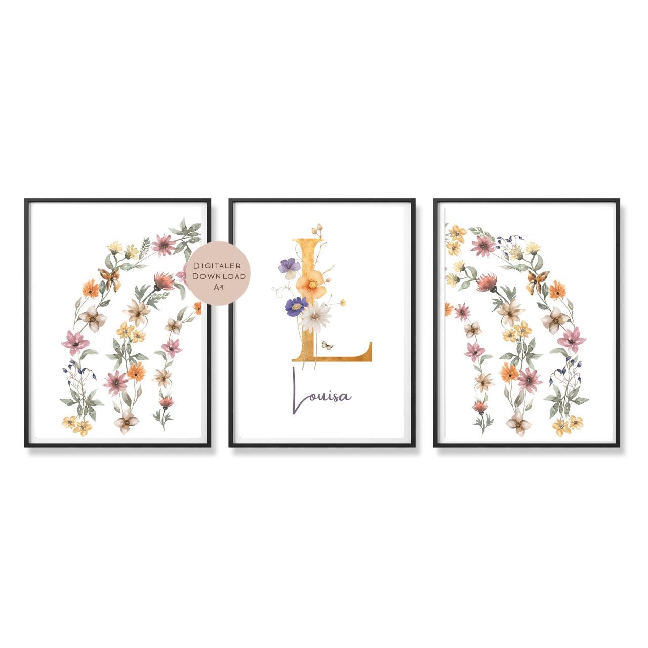 3er Set Poster Bild Regenbogen Blumen Wildblumen Name personalisert Geschenk Geburt Geburtstag Kinderzimmer PDF A4 zum Ausdrucken digital