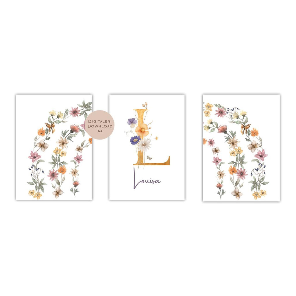 3er Set Poster Bild Regenbogen Blumen Wildblumen Name personalisert Geschenk Geburt Geburtstag Kinderzimmer PDF A4 zum Ausdrucken digital
