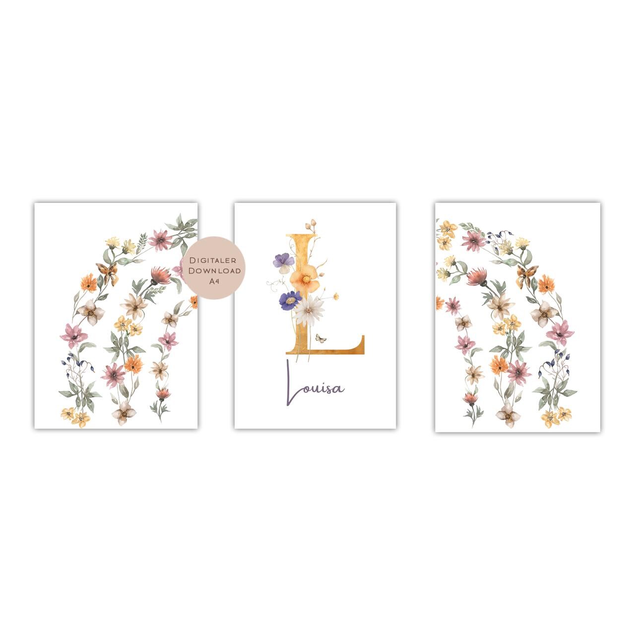 3er Set Poster Bild Regenbogen Blumen Wildblumen Name personalisert Geschenk Geburt Geburtstag Kinderzimmer PDF A4 zum Ausdrucken digital