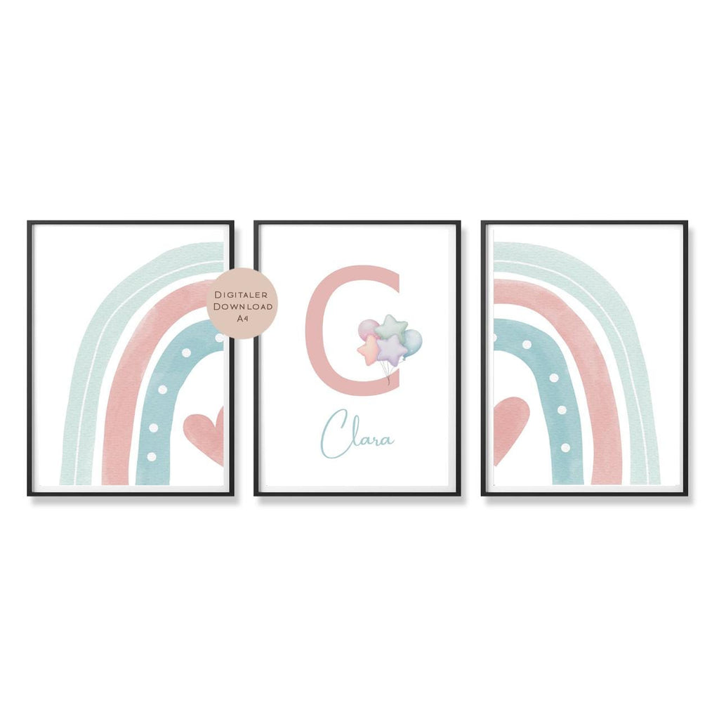 3er Set Poster Bild Regenbogen Herz pastell rosa mint Name personalisert Geschenk Geburt Geburtstag Kinderzimmer PDF A4 zum Ausdrucken digit