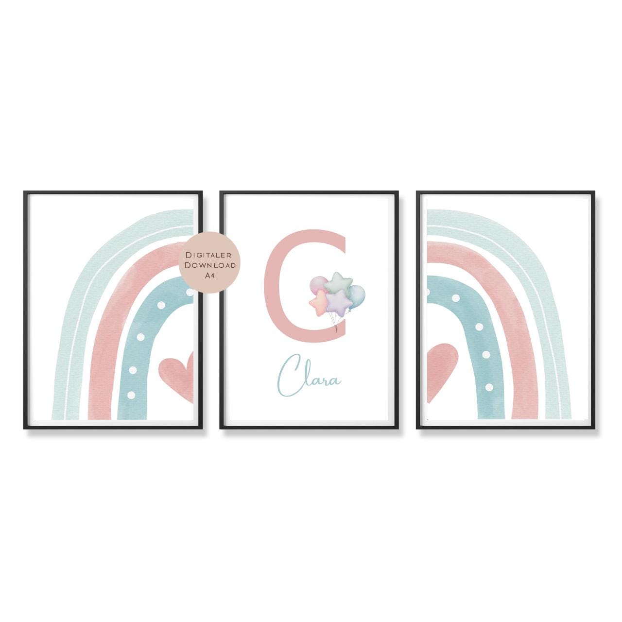 3er Set Poster Bild Regenbogen Herz pastell rosa mint Name personalisert Geschenk Geburt Geburtstag Kinderzimmer PDF A4 zum Ausdrucken digit