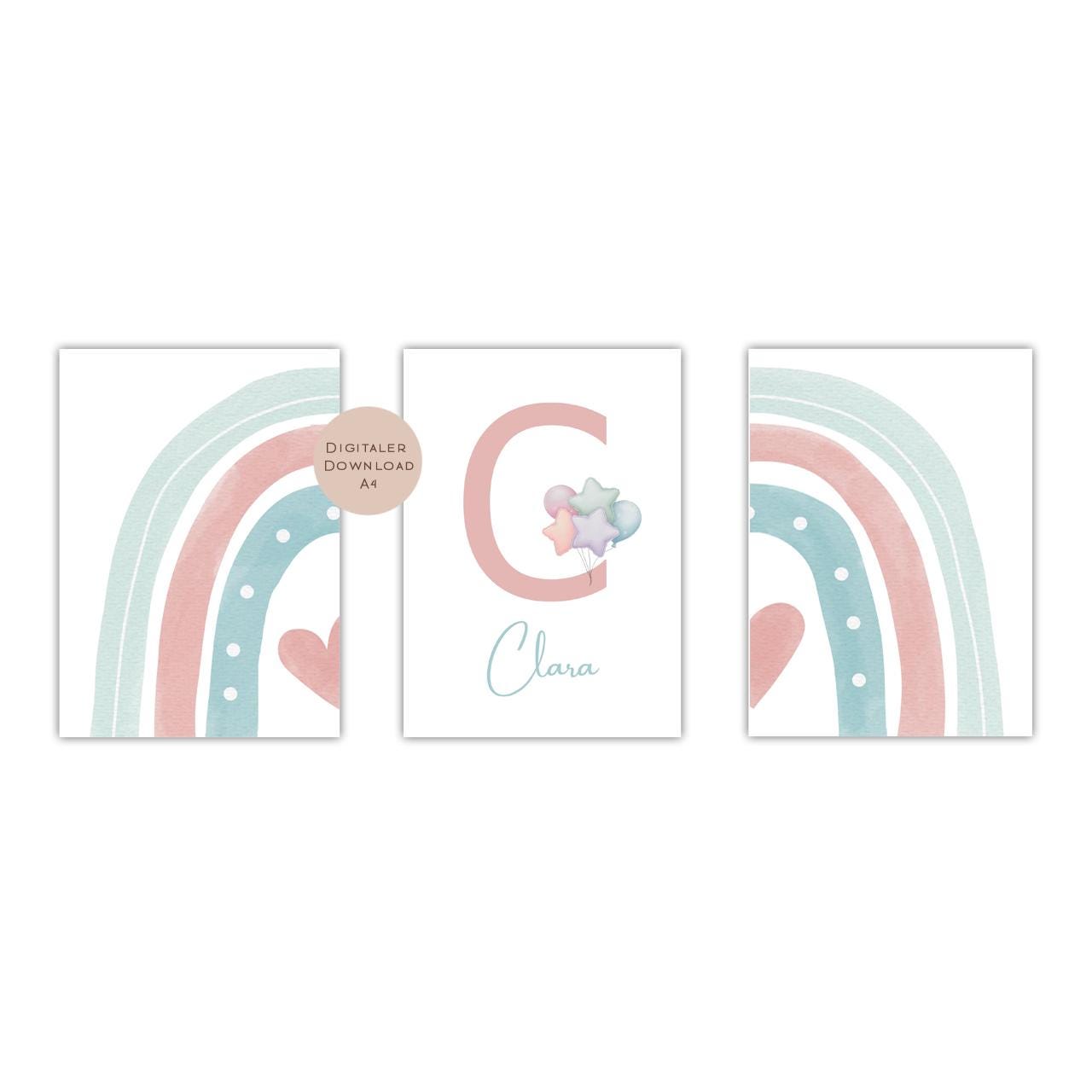 3er Set Poster Bild Regenbogen Herz pastell rosa mint Name personalisert Geschenk Geburt Geburtstag Kinderzimmer PDF A4 zum Ausdrucken digit