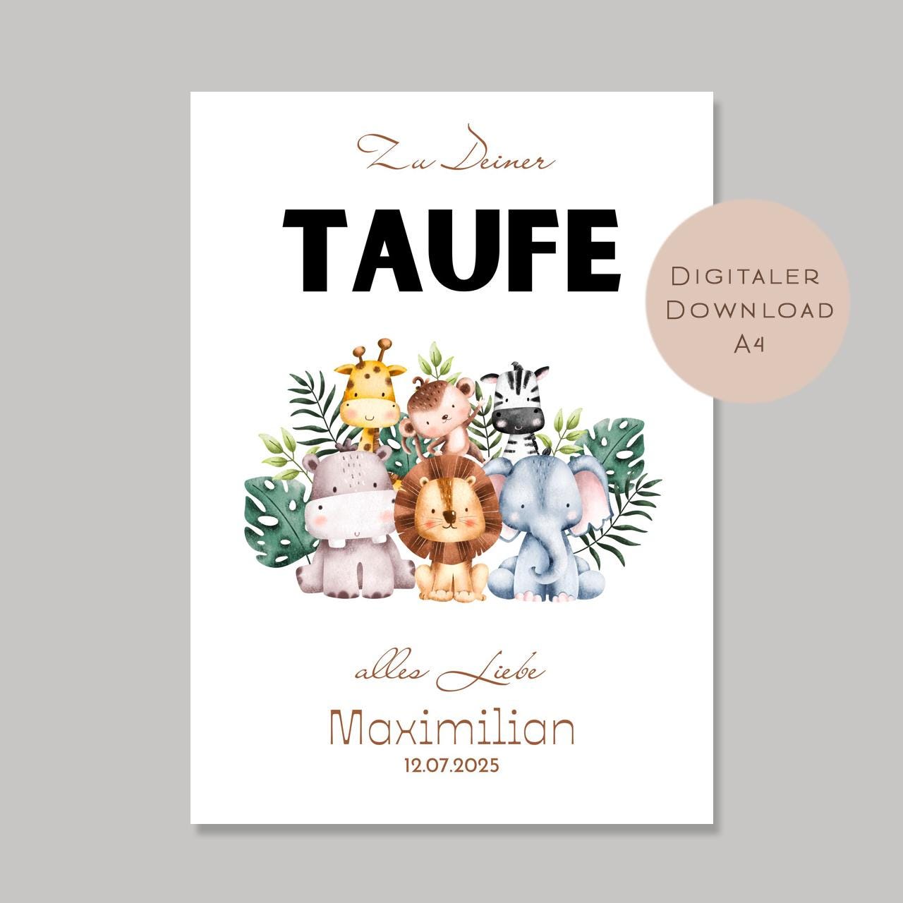 Digital Geldgeschenk Taufe Tiere Taufgeschenk personalisiert mit Name Geld schenken Geschenk Taufpate Gutschein Wunscherfüller download A4