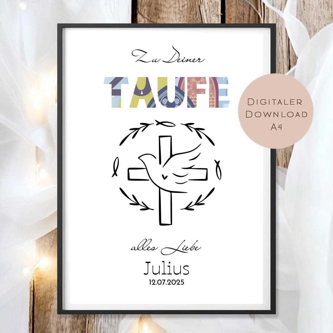 Digital Geldgeschenk Taufe Kreuz Taube Taufgeschenk personalisiert Name Geld schenken Geschenk Taufpate Gutschein Wunscherfüller download A4