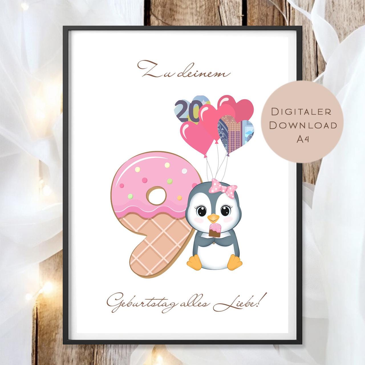 Digital Geldgeschenk 9 Geburtstag neunter Geburtstag Geld schenken Geschenk Gutschein Geburtstagsgeschenk Wunscherfüller download A4