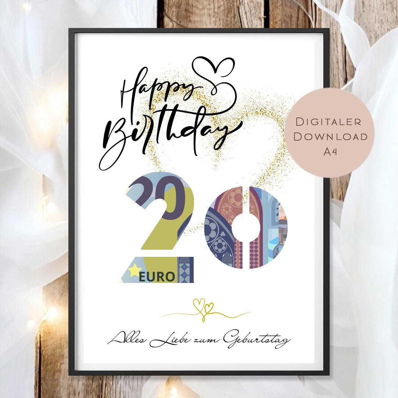 Geldgeschenk zum 20. Geburtstag Geld schenken Geschenk Gutschein Geburtstagsgeschenk Wunscherfüller zum sofort ausdrucken download PDF A4