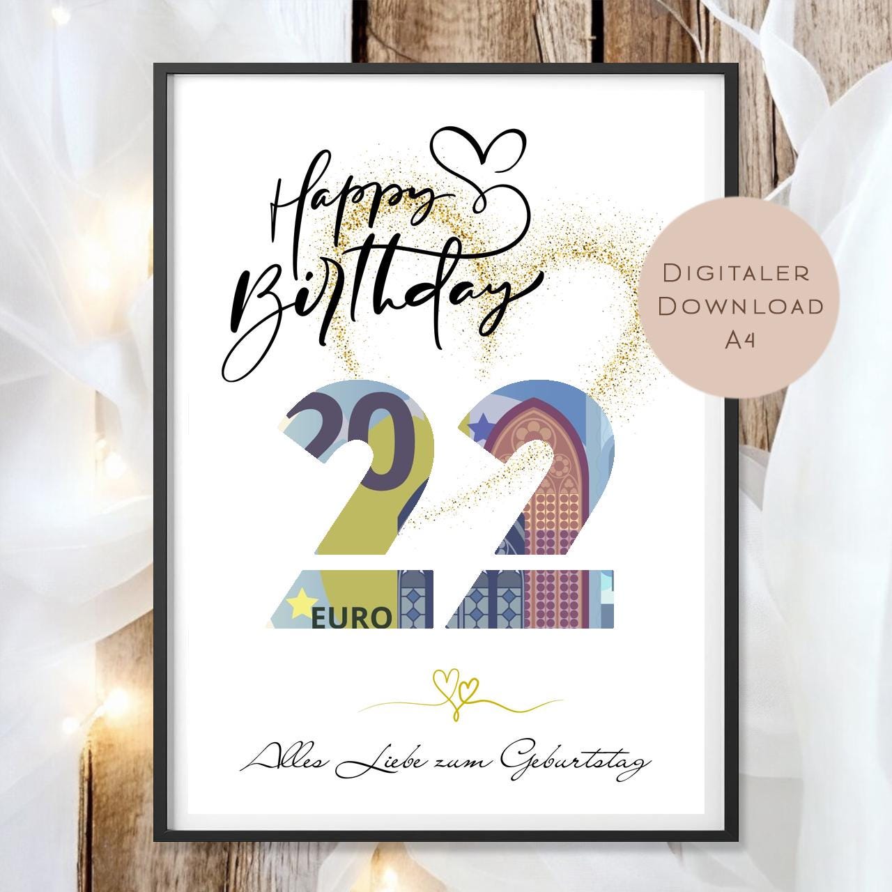 Geldgeschenk zum 22. Geburtstag Geld schenken Geschenk Gutschein Geburtstagsgeschenk Wunscherfüller zum sofort ausdrucken download PDF A4