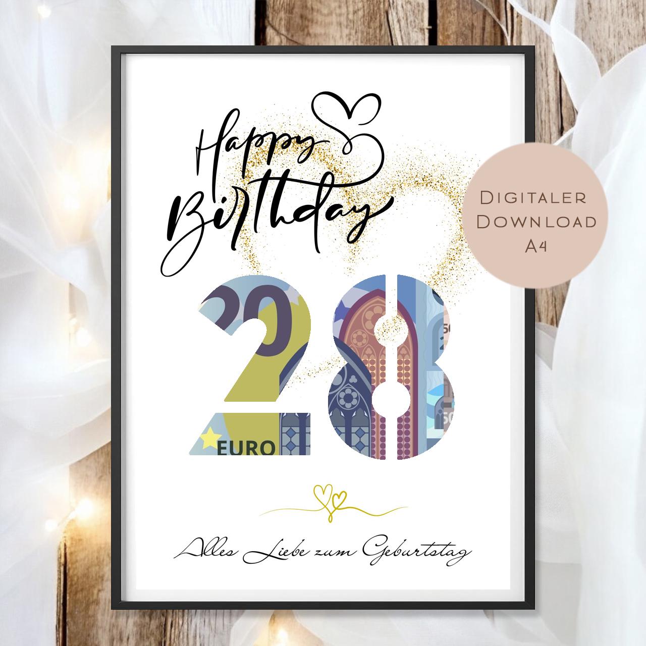 Geldgeschenk zum 28. Geburtstag Geld schenken Geschenk Gutschein Geburtstagsgeschenk Wunscherfüller zum sofort ausdrucken download PDF A4