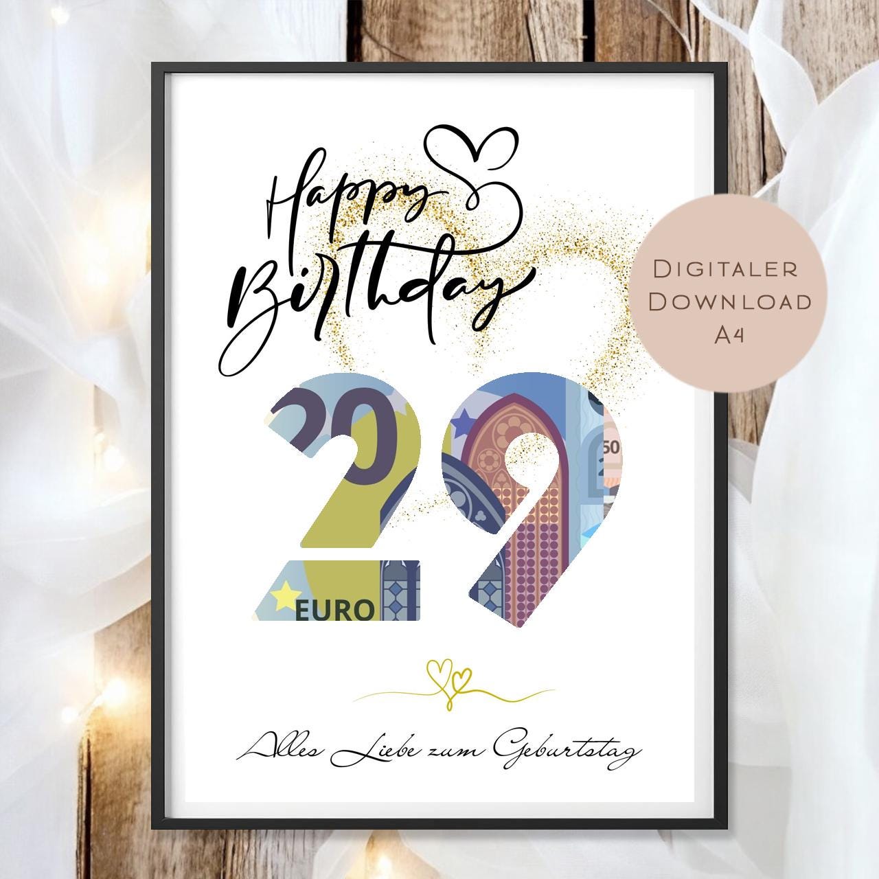 Geldgeschenk zum 29. Geburtstag Geld schenken Geschenk Gutschein Geburtstagsgeschenk Wunscherfüller zum sofort ausdrucken download PDF A4