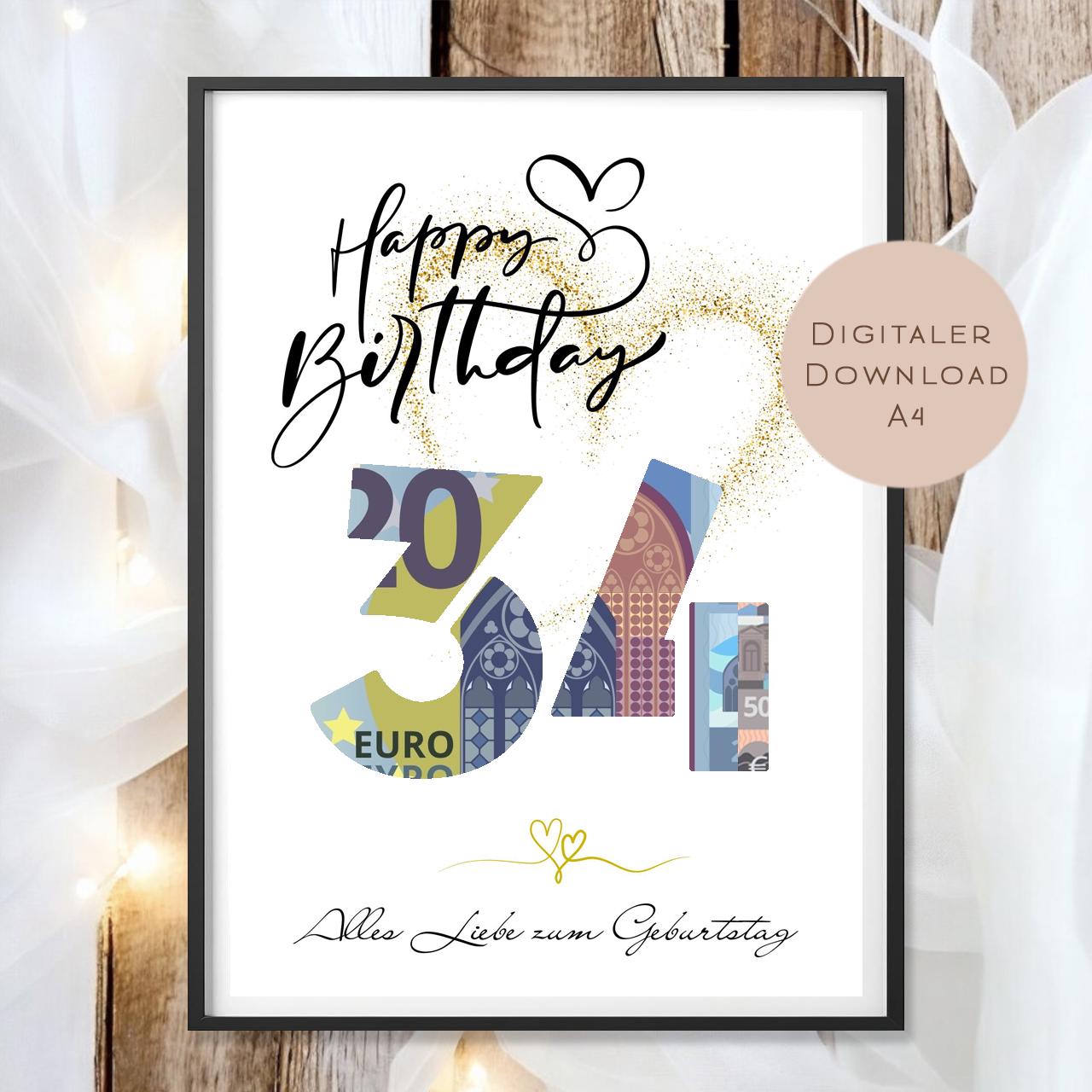 Geldgeschenk zum 34. Geburtstag Geld schenken Geschenk Gutschein Geburtstagsgeschenk Wunscherfüller zum sofort ausdrucken download PDF A4