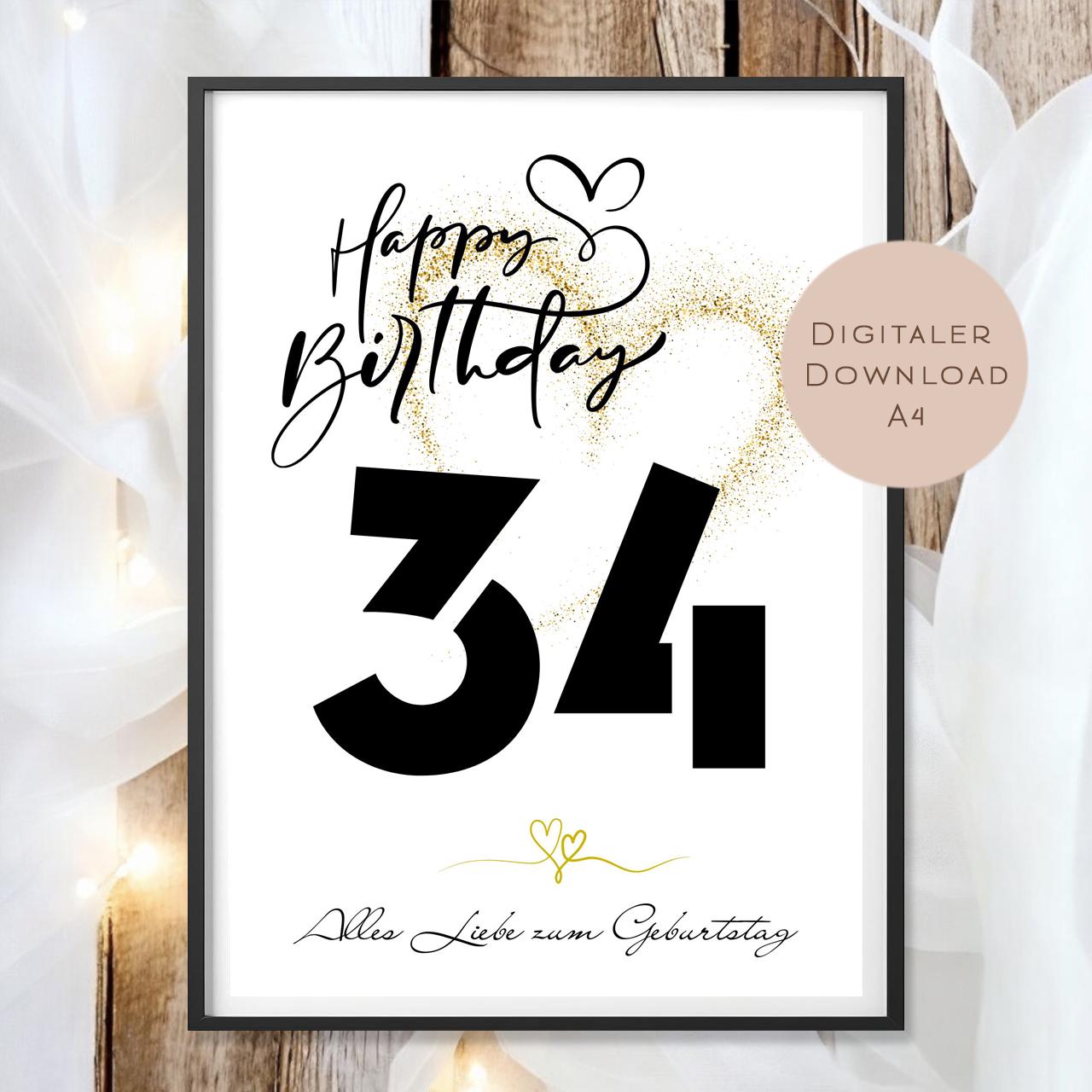 Geldgeschenk zum 34. Geburtstag Geld schenken Geschenk Gutschein Geburtstagsgeschenk Wunscherfüller zum sofort ausdrucken download PDF A4