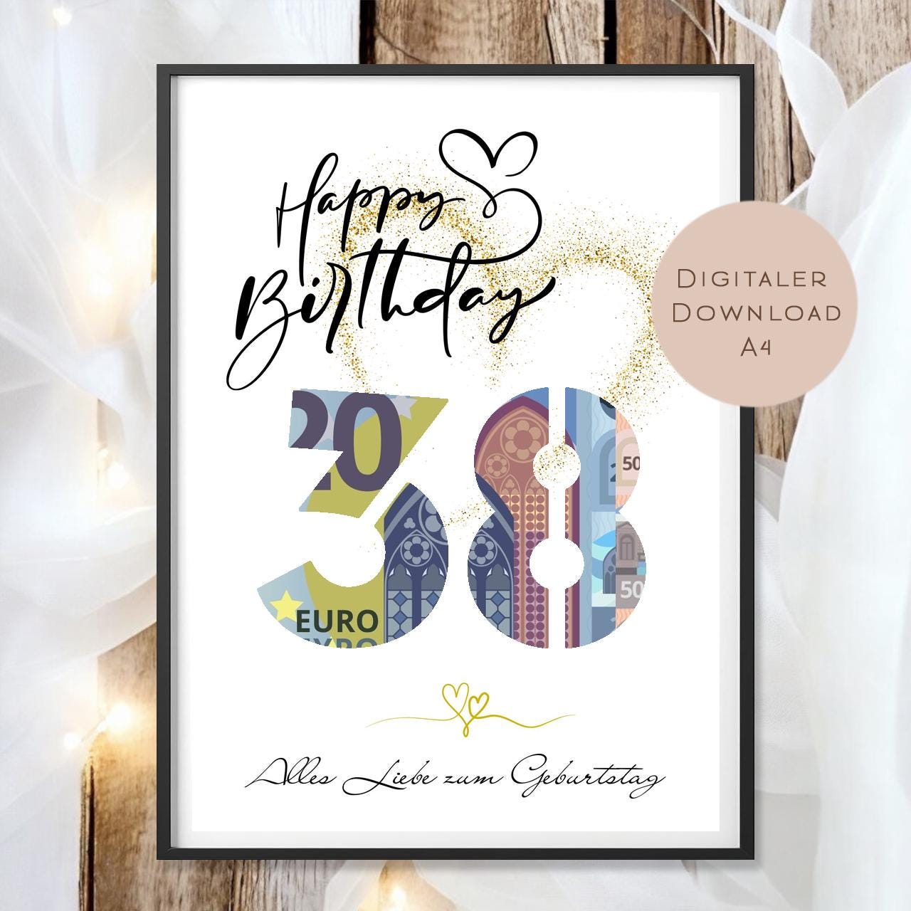 Geldgeschenk zum 38. Geburtstag Geld schenken Geschenk Gutschein Geburtstagsgeschenk Wunscherfüller zum sofort ausdrucken download PDF A4