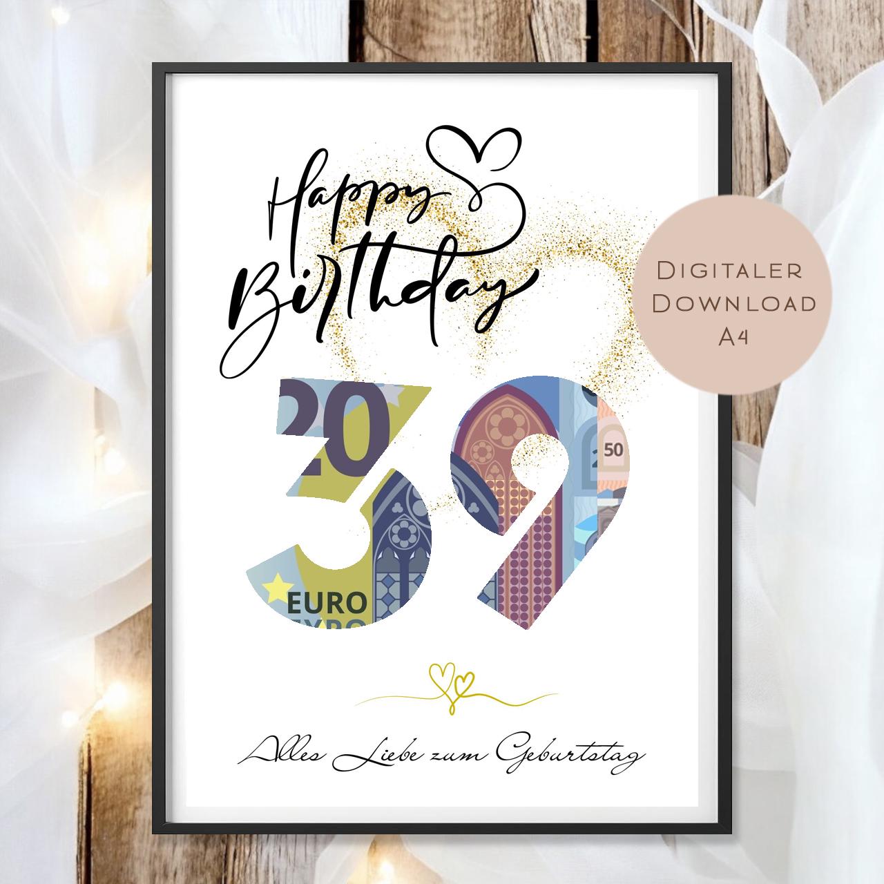 Geldgeschenk zum 39. Geburtstag Geld schenken Geschenk Gutschein Geburtstagsgeschenk Wunscherfüller zum sofort ausdrucken download PDF A4