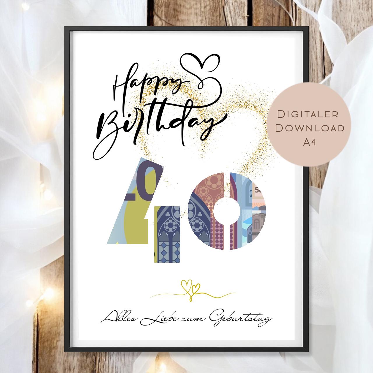 Geldgeschenk zum 40. Geburtstag Geld schenken Geschenk Gutschein Geburtstagsgeschenk Wunscherfüller zum sofort ausdrucken download PDF A4