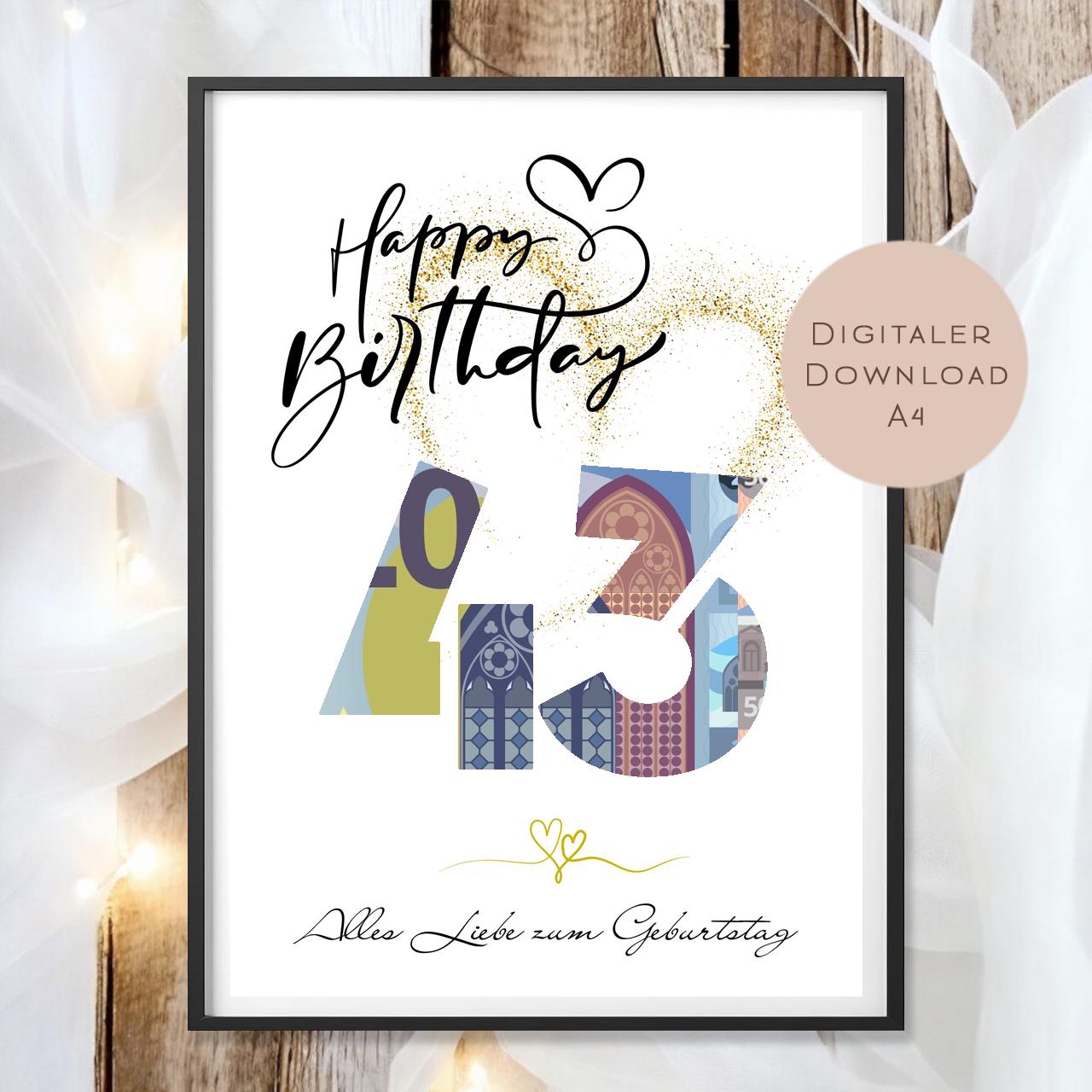 Geldgeschenk zum 43. Geburtstag Geld schenken Geschenk Gutschein Geburtstagsgeschenk Wunscherfüller zum sofort ausdrucken download PDF A4