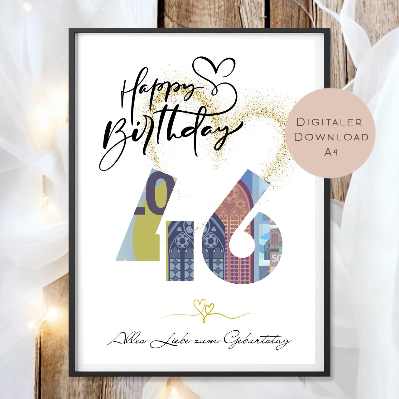 Geldgeschenk zum 46. Geburtstag Geld schenken Geschenk Gutschein Geburtstagsgeschenk Wunscherfüller zum sofort ausdrucken download PDF A4