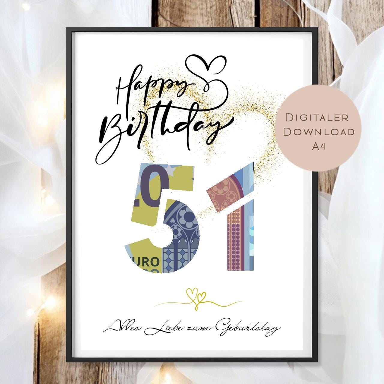 Geldgeschenk zum 51. Geburtstag Geld schenken Geschenk Gutschein Geburtstagsgeschenk Wunscherfüller zum sofort ausdrucken download PDF A4