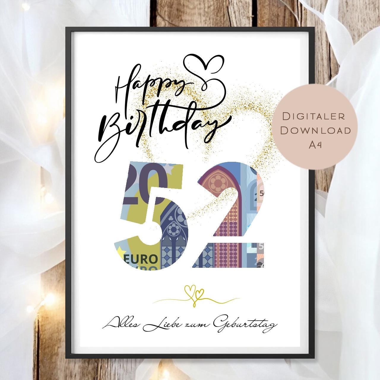 Geldgeschenk zum 52. Geburtstag Geld schenken Geschenk Gutschein Geburtstagsgeschenk Wunscherfüller zum sofort ausdrucken download PDF A4