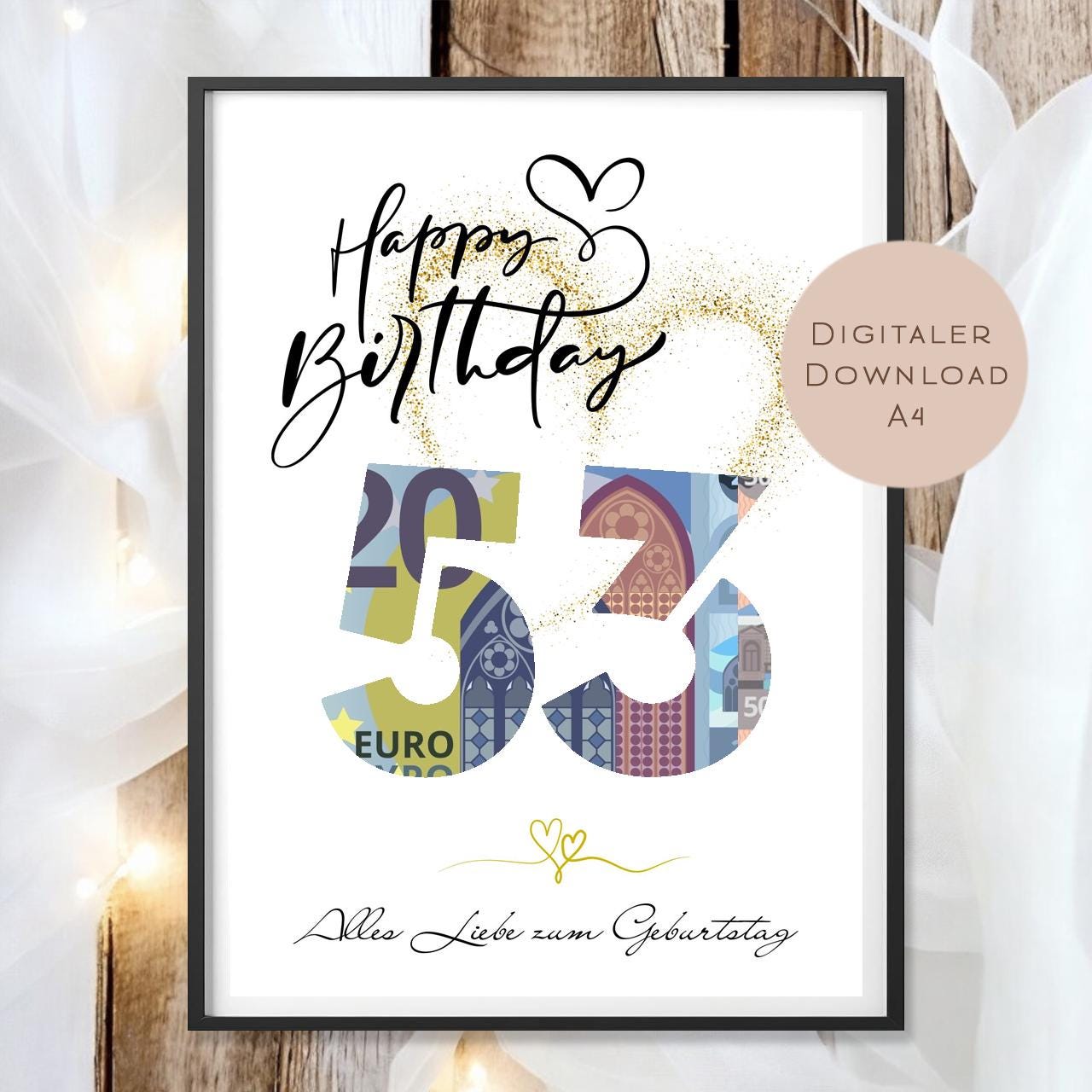 Geldgeschenk zum 53. Geburtstag Geld schenken Geschenk Gutschein Geburtstagsgeschenk Wunscherfüller zum sofort ausdrucken download PDF A4