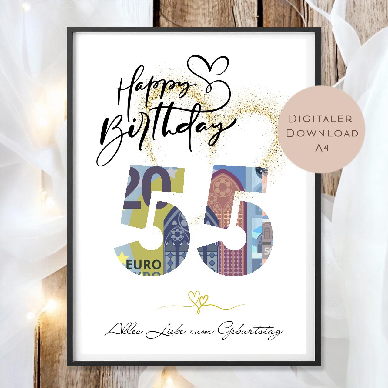 Geldgeschenk zum 55. Geburtstag Geld schenken Geschenk Gutschein Geburtstagsgeschenk Wunscherfüller zum sofort ausdrucken download PDF A4