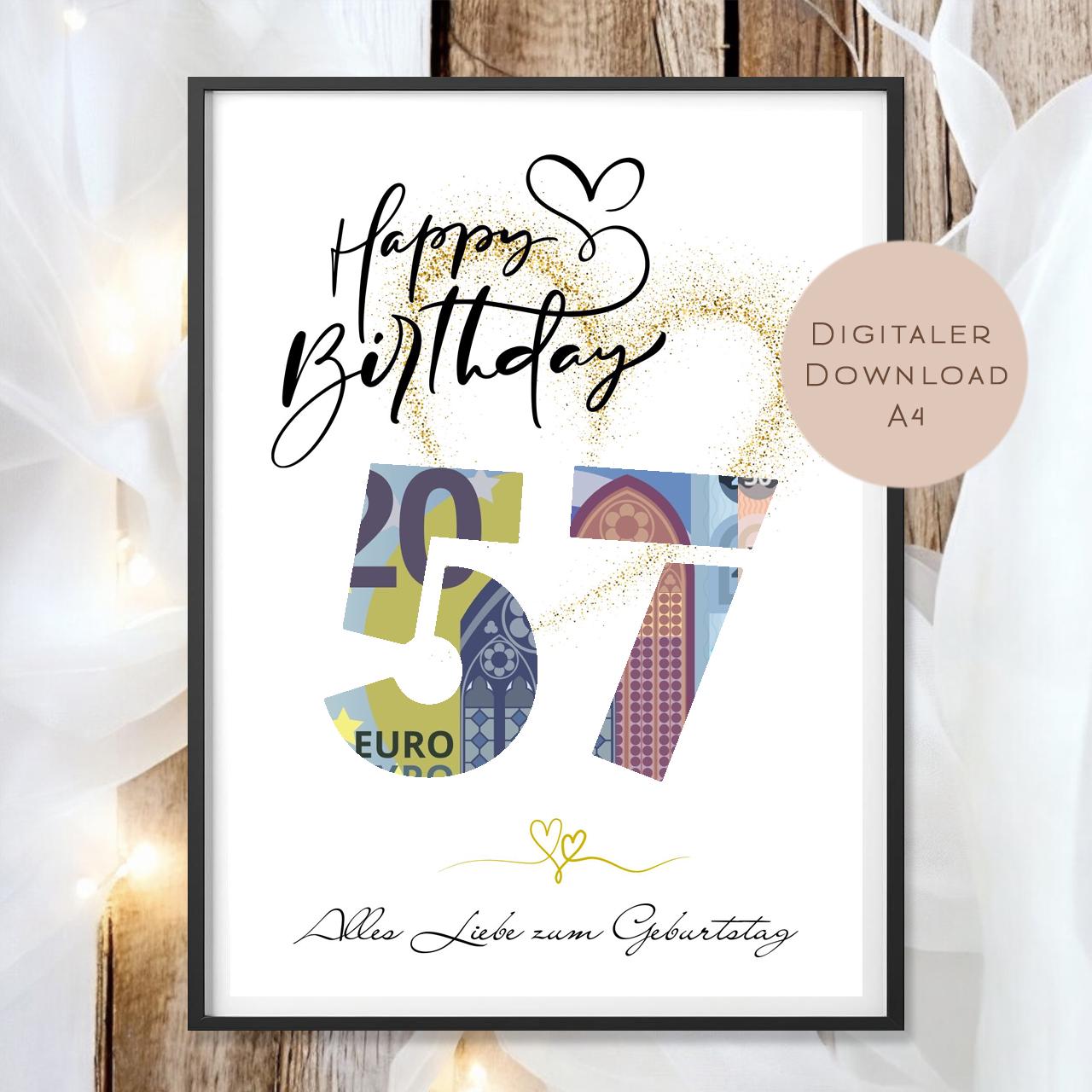 Geldgeschenk zum 57. Geburtstag Geld schenken Geschenk Gutschein Geburtstagsgeschenk Wunscherfüller zum sofort ausdrucken download PDF A4