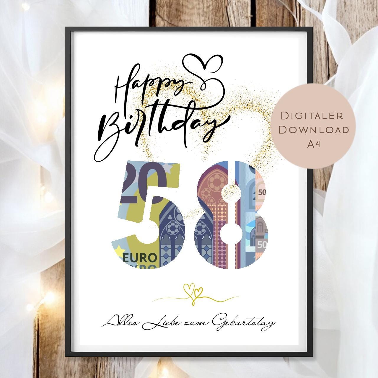 Geldgeschenk zum 58. Geburtstag Geld schenken Geschenk Gutschein Geburtstagsgeschenk Wunscherfüller zum sofort ausdrucken download PDF A4