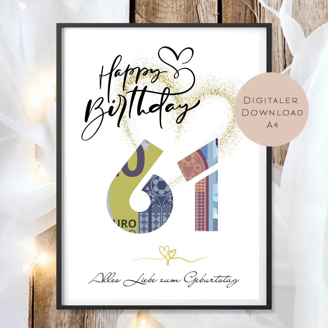 Geldgeschenk zum 61. Geburtstag Geld schenken Geschenk Gutschein Geburtstagsgeschenk Wunscherfüller zum sofort ausdrucken download PDF A4