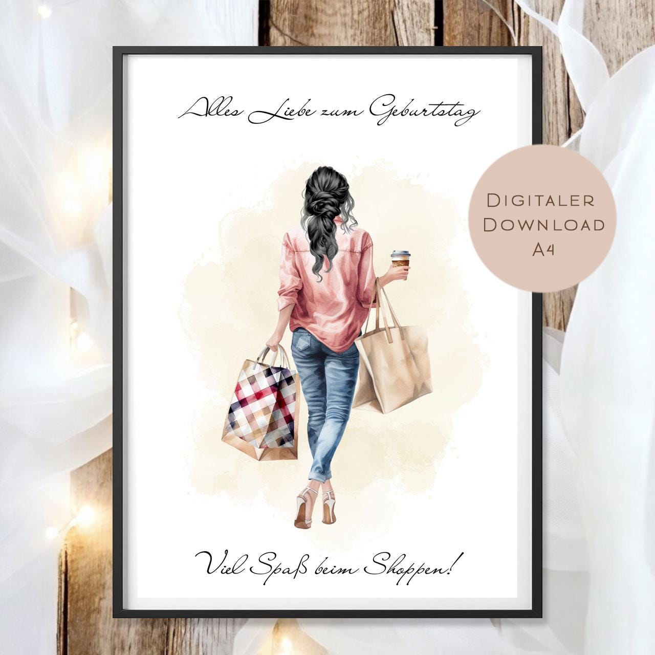 Geldgeschenk zum Shoppen I Gutschein für Kleidung & Mode I Geschenkidee für Frauen zum Ausdrucken I Shopping Girl Schwarz I PDF A4 Download