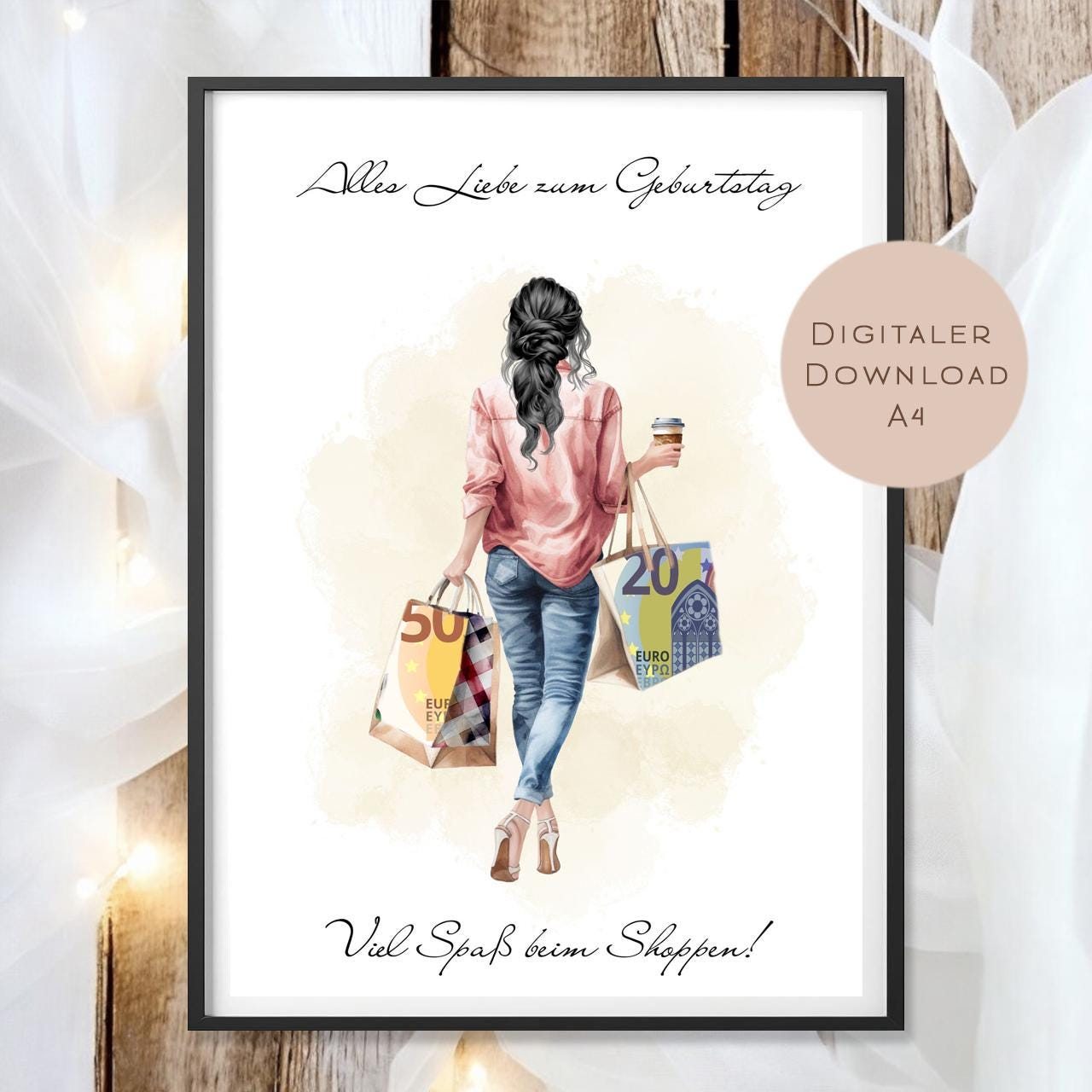 Geldgeschenk zum Shoppen I Gutschein für Kleidung & Mode I Geschenkidee für Frauen zum Ausdrucken I Shopping Girl Schwarz I PDF A4 Download