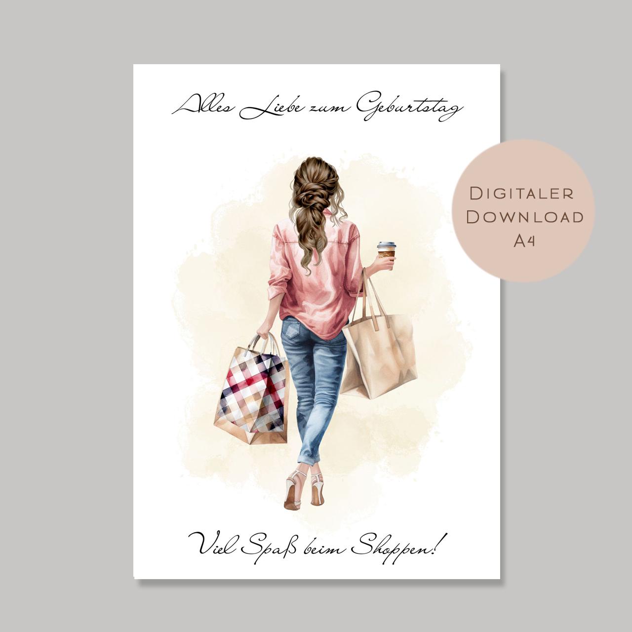 Geldgeschenk zum Shoppen I Gutschein für Kleidung & Mode I Geschenkidee für Frauen zum Ausdrucken I Shopping Girl Braun I PDF A4 Download