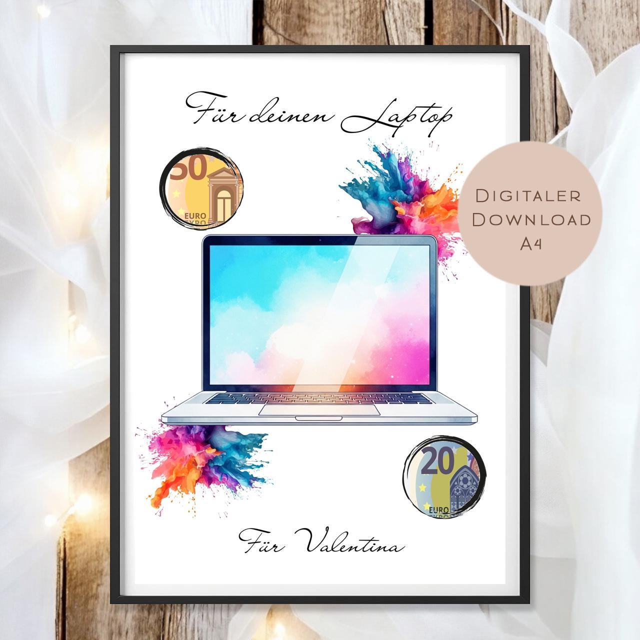 Geburtstag Geldgeschenk Laptop mit Name personalisiert Computer PC Geld schenken Geschenk Gutschein Geburtstagsgeschenk download A4