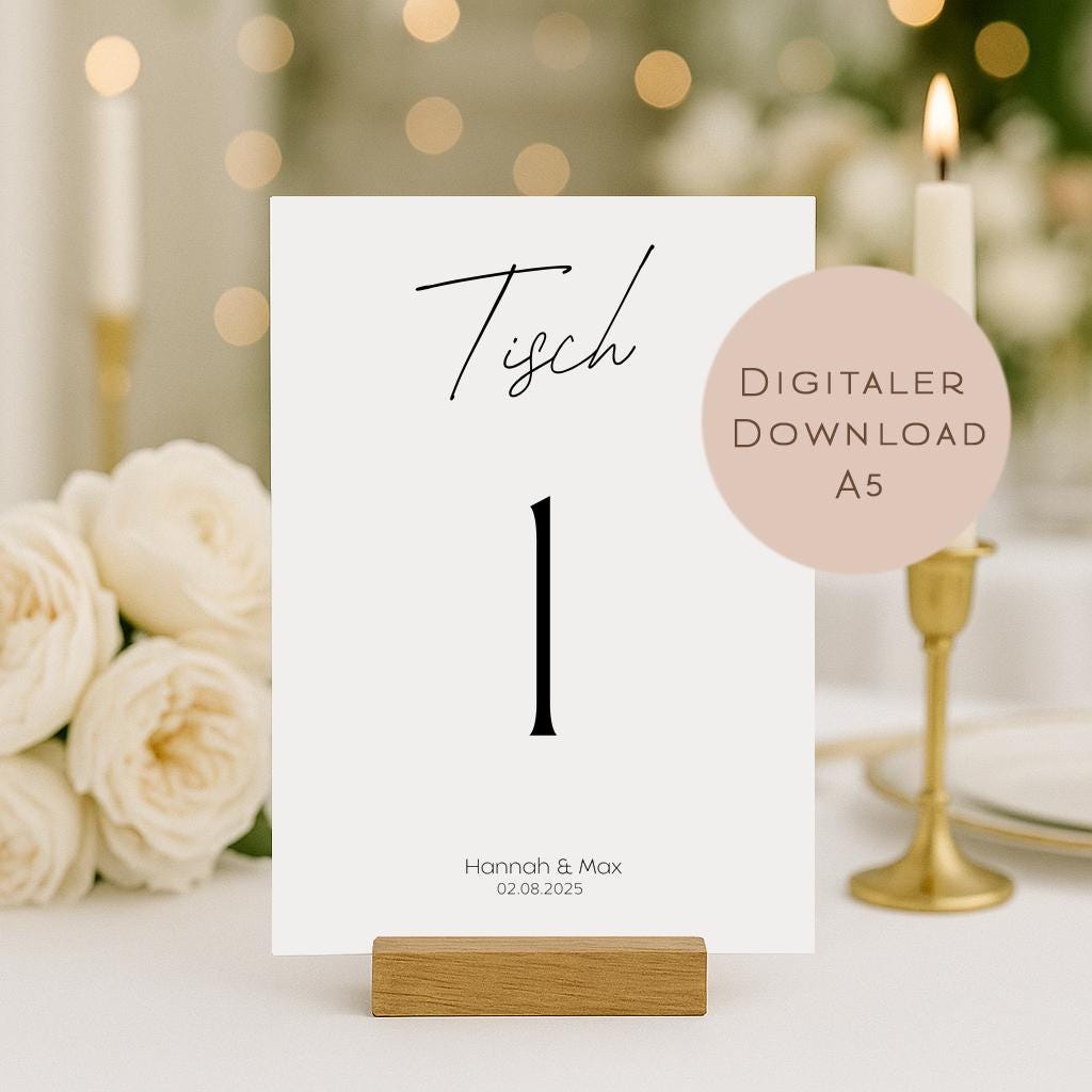 Hochzeit Tischnummern Zahlen A5 PDF l personalisiert mit Namen & Datum Sitzplan l zum Ausdrucken l digitale Tischkarten Hochzeit Namen