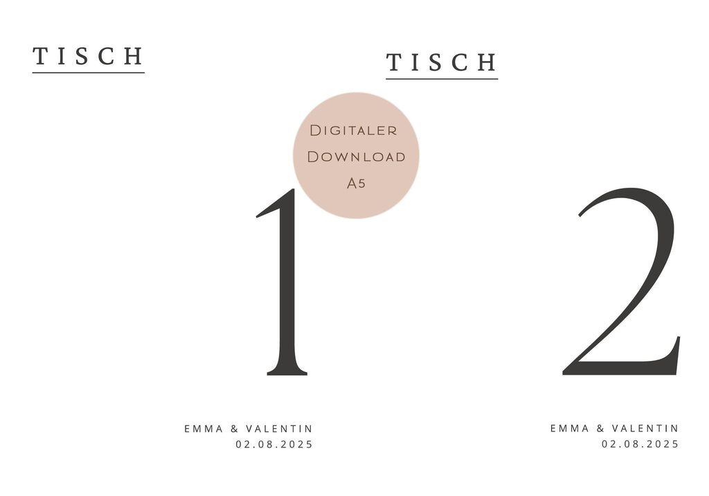 Hochzeit Tischnummern Zahlen A5 PDF l personalisiert mit Namen & Datum Sitzplan l zum Ausdrucken l digitale Tischkarten Hochzeit Namen