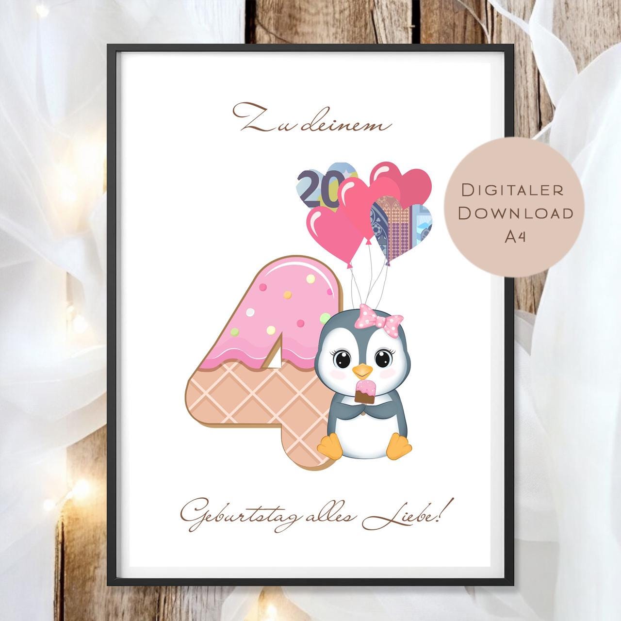 Digital Geldgeschenk 4 Geburtstag vierter Geburtstag Geld schenken Geschenk Gutschein Geburtstagsgeschenk Wunscherfüller download A4