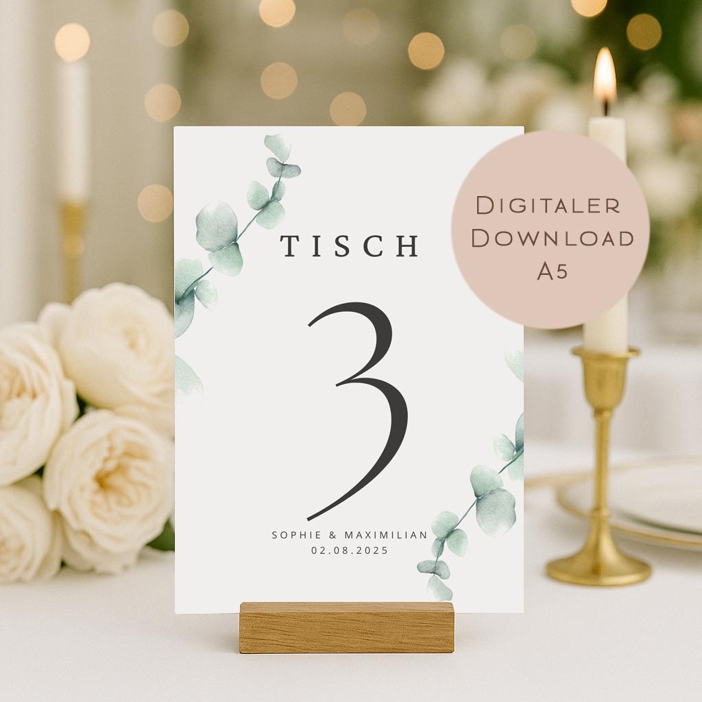 Hochzeit Tischnummern Zahlen A5 PDF l personalisiert mit Namen & Datum Sitzplan l zum Ausdrucken l digitale Tischkarten Hochzeit Eukalyptus