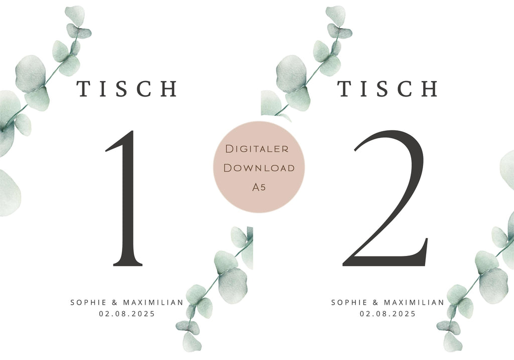 Hochzeit Tischnummern Zahlen A5 PDF l personalisiert mit Namen & Datum Sitzplan l zum Ausdrucken l digitale Tischkarten Hochzeit Eukalyptus
